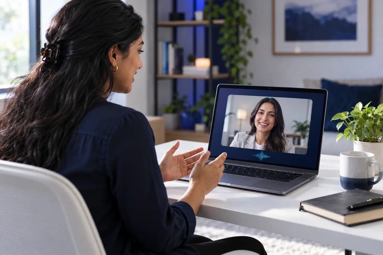 Illustration of a learner practicing a conversation with an AI avatar on a laptop
